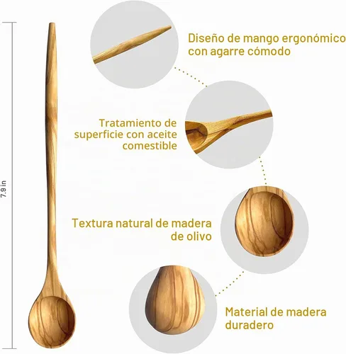 Vista 2 de WONDERFUL Cucharas de mango largo de madera de olivo 100% natural para café, té, batidos, para remover en la cocina, coctelera; cuchara para mezclar