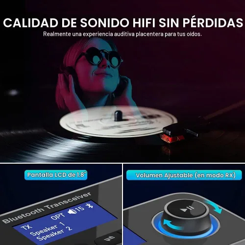 Vista 6 de Transmisor Receptor Bluetooth 3 en 1 Adaptador de Audio Bluetooth 5.0 para 2 Auriculares Con Control de Volumen de Bypass, Baja Latencia, Largo