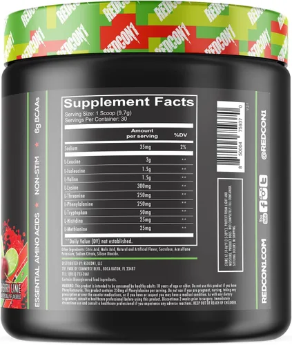 Vista 2 de REDCON1 Grunt EAAs, Cherry Lime, aminoácidos esenciales aptos para dieta cetogénica, sin azúcar, polvo para después del entrenamiento que contiene 9