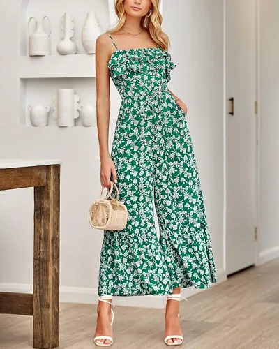 Vista 7 de Prettygrden - Overol casual de verano para mujer, con volantes, cuello cuadrado, lazo en la espalda, cintura alta, bohemio, floral, pierna ancha