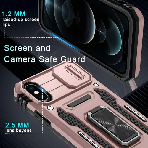 Vista 244 de DEERLAMN Funda para iPhone Xs Max con funda deslizante para cámara + protector de pantalla, soporte giratorio de anillo de grado militar a prueba