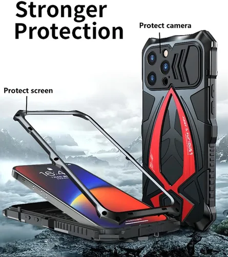 Vista 2 de Funda de metal para iPhone 13 Pro a prueba de golpes con aluminio y goma de silicona híbrida de triple capa de protección contra caídas de grado