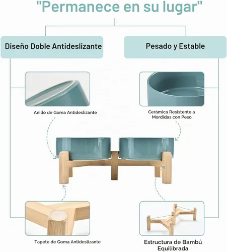 Vista 4 de SPUNKYJUNKY Cuencos elevados de cerámica para perros, 5.1 pulgadas, para comida de perros y gatos, cuencos elevados con soporte de bambú Verde oscuro