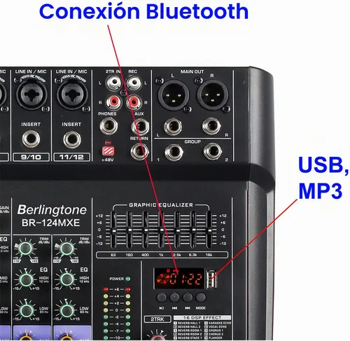 Vista 4 de Mezclador de audio profesional Bluetooth de 12 canales, consola de sonido DJ, grabación MP3 USB, conector de micrófono XLR, 7 bandas, ecualizador