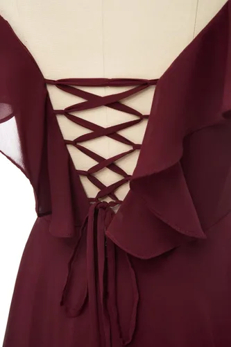 Vista 5 de kidadndy Vestidos de dama de honor de gasa con tirantes delgados, vestidos largos de fiesta de boda con abertura, mangas con volantes, vestidos