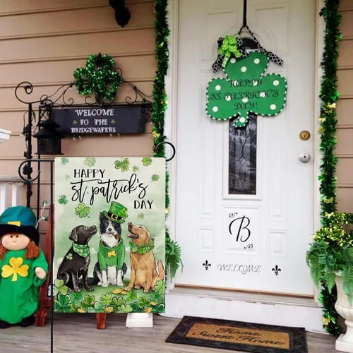 Vista 7 de Hzppyz Bandera de jardín con diseño de perros del Día de San Patricio, de doble cara, trébol de trébol dorado para cachorros, decoración pequeña