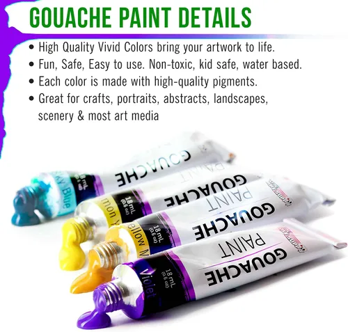 Vista 6 de U.S. Art Supply Juego profesional de pintura gouache de 36 colores en tubos grandes de 18ml y rueda de mezcla de colores - Tubos de pintura gouache