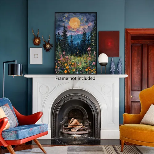 Vista 5 de Yuaruo Póster vintage de luna llena sobre las flores silvestres, lienzo místico de bosque de medianoche para pared, pintura al óleo retro de flores