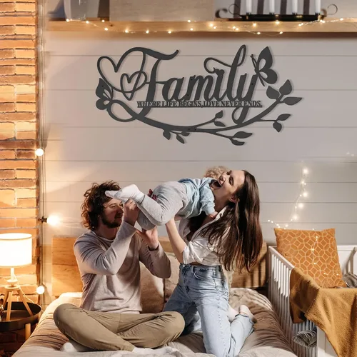Vista 5 de AUHOKY Family Where Life Begins Love Never Ends - Letrero de metal para pared, 27 x 14 pulgadas, gran placa de hierro negro para pared, decoración