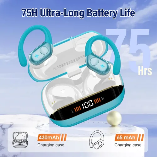 Vista 4 de Qecnato 75H Earbuds Bluetooth 5.4 Auriculares estéreo deportivos Azul