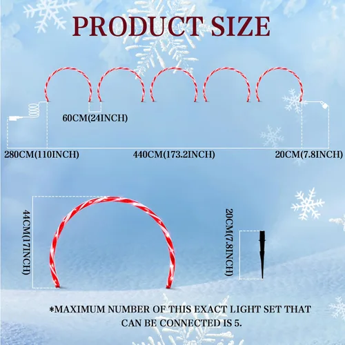 Vista 3 de 17 pulgadas 160 LED (10 x 16 LED) Luz de Estaca de Arco Centelleante para Césped, Arco de Bastón de Caramelo Marcadores de Sendero Navideños