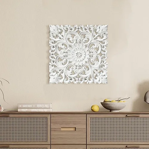 Vista 4 de Musanpou Paneles de pared de madera tallados a mano únicos con decoraciones florales colgantes - Decoración de pared rústica de granja para sala