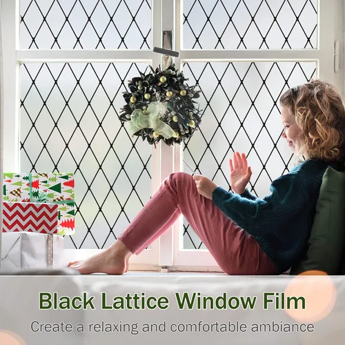 Vista 2 de VELIMAX Película de vinilo de vidrio decorativo para ventana, diseño de celosía negra esmerilada, película de vinilo de vidrio extraíble