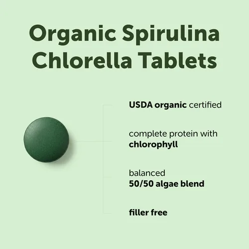 Vista 3 de Tabletas de espirulina de Chlorella orgánica, 3000 mg por porción, 720 unidades, suministro de 4 meses, superalimento de mezcla 50/50, sin relleno
