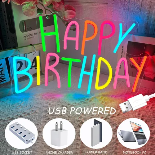 Vista 6 de Letrero de neón de feliz cumpleaños para decoración de pared, luces de neón de feliz cumpleaños coloridas, luz de neón LED de cumpleaños para telón