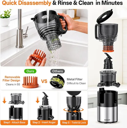 Vista 4 de Godspeeds® Smoothpress® Máquina exprimidora de prensado en frío de 6 pulgadas Negro