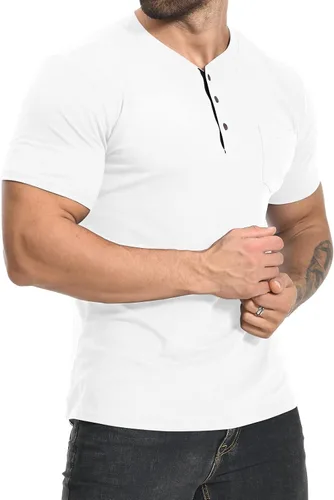 Vista 3 de MLANM Camisas Henley de manga corta con botones de algodón para hombre
