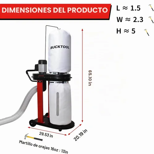 Vista 4 de BUCKTOOL Colector de polvo de arranque automático de 1.2 HP 750CFM con 3 bolsas de recolección de polvo, capacidad de bolsa de 5.4 cúbicos y 5
