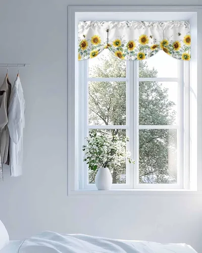 Vista 3 de Cortinas florales pequeñas para ventana de baño y cocina, 1 paquete de cortinas aislantes térmicas con lazos de 60 x 18 pulgadas, girasoles, abejas