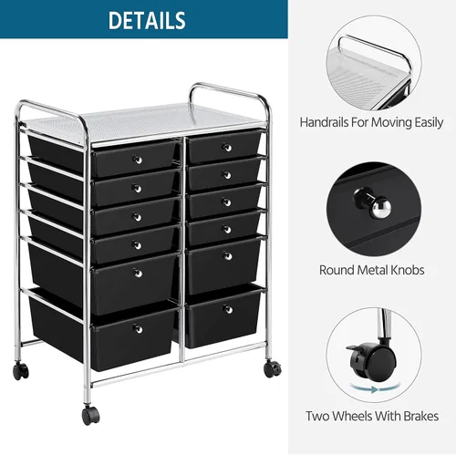 Vista 6 de Topeakmart Organizador de carrito con ruedas de 12 cajones, cajones de almacenamiento de plástico, carrito utilitario, 360 ruedas, color negro
