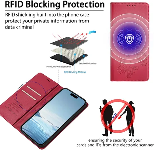 Vista 6 de Butterfly Embossed Leather Wallet Flip Case for Motorola Moto E22i 4G, Magnetic Closure, RFID Blocking Cover, Card Holder Red.