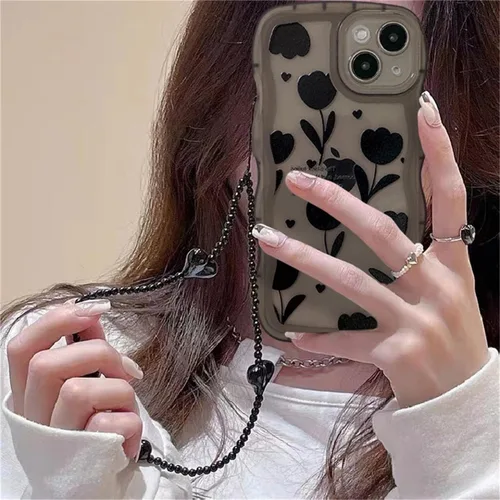 Vista 8 de Funda compatible con iPhone 11 Pro Max con bonito diseño de flores negras y sencillas, para mujeres, adolescentes y niñas, funda protectora de lente