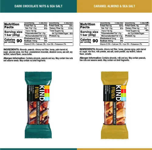 Vista 2 de Kind Minis, paquete variado. Contiene 1 caramelo de almendras y sal marina, y 1 chocolate negro nueces y sal marina, bajo en calorías, sin gluten