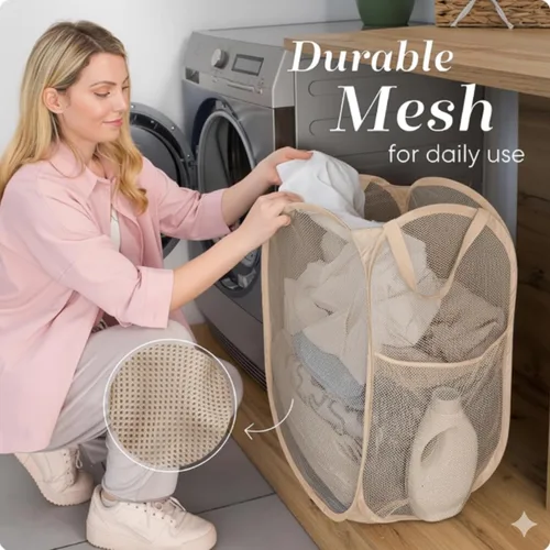 Vista 5 de Handy Laundry - Cesta de lavandería plegable de malla emergente con abertura ancha y bolsillo lateral - Diseño transpirable, resistente, plegable