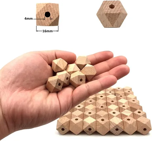 Vista 2 de Cuentas de madera de haya, polígono geométrico natural, 50 piezas hexagonales facetadas sin terminar de 0.630 pulgadas (0.630 in), cuentas