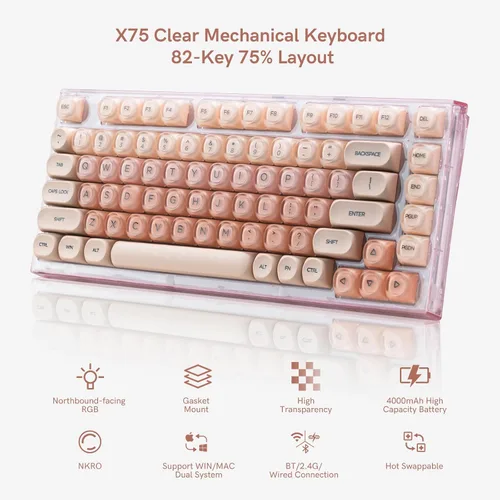 Vista 2 de Womier X75 75% Wireless Mechanical Keyboard, Hot Swappable Computer Creamy Keyboard, Foundation Jelly Keycaps, Pre-lubed Switches Gasket Mount RGB