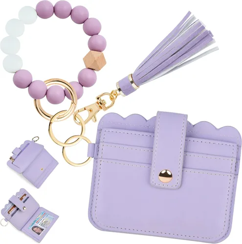 Vista 29 de Cartera de pulsera para mujer con llavero – Tarjetero RFID pequeña cartera con llavero Beige