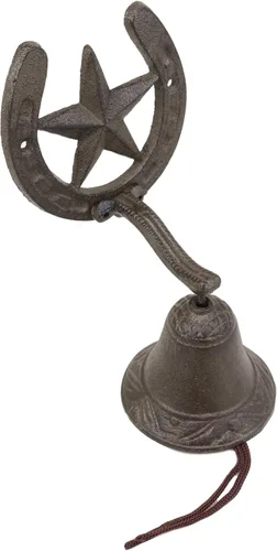 Vista 4 de Ebros Gift Campana de hierro fundido rústico vintage con estrella occidental para puerta, pared, cena, patio, campanas al aire libre