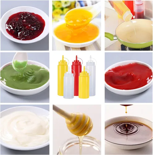Vista 7 de Botellas de plástico de 3 colores de 12 onzas, botellas para apretar condimentos, botella multiusos para salsa de tomate, aceite, mermelada, salsa