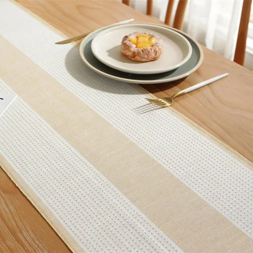 Vista 2 de Hsvanyr Camino de mesa trenzado a rayas rectangular con exquisita borla para cocina, comedor, picnic, mesa de café, 13 x 63 pulgadas, a prueba