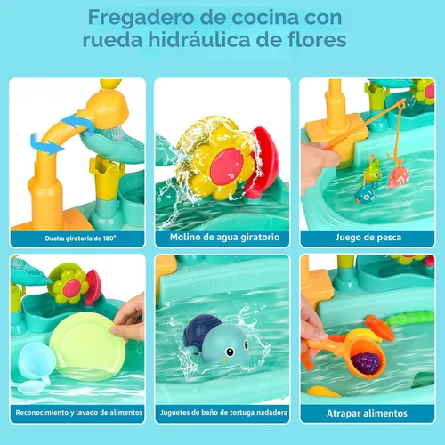Vista 4 de STBEIMEIMY Fregadero de Juego para Niños con Agua Corriente, Mesa de Agua Mini, Juguetes de Agua, Grifo Mejorado y Platos de Juego, Juguete