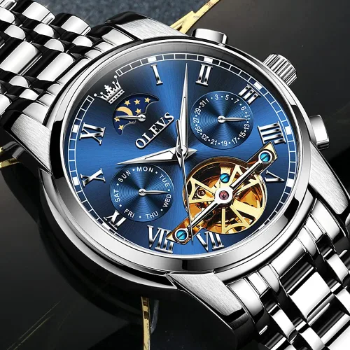 Vista 3 de OLEVS - Relojes automáticos para hombre, diseño mecánico con cuerda automática, reloj de pulsera de lujo de moda, esqueleto, luminoso, impermeable