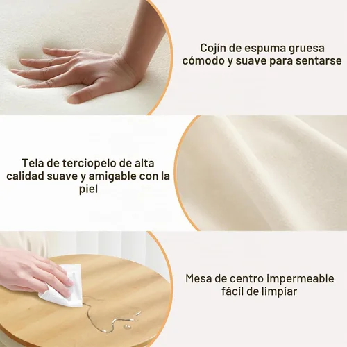 Vista 5 de Juego de 2 otomanas beige con almacenamiento, taburete de tocador tapizado de terciopelo, cómodos taburetes redondos de maquillaje, reposapiés