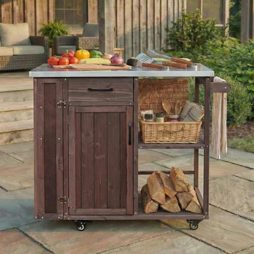 Vista 20 de JIVOIT Isla de cocina al aire libre de 78.3 pulgadas con mesa plegable, carrito de madera para exteriores con almacenamiento de basura y parte