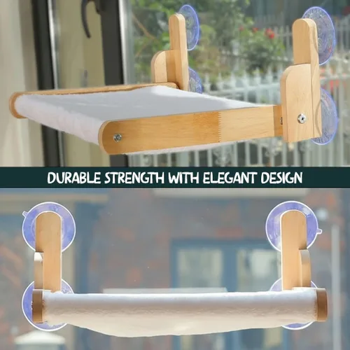 Vista 4 de Percha plegable para ventana de gato con funda peluda de felpa, hamaca para gatos con marco de madera, ventosas resistentes, no requiere