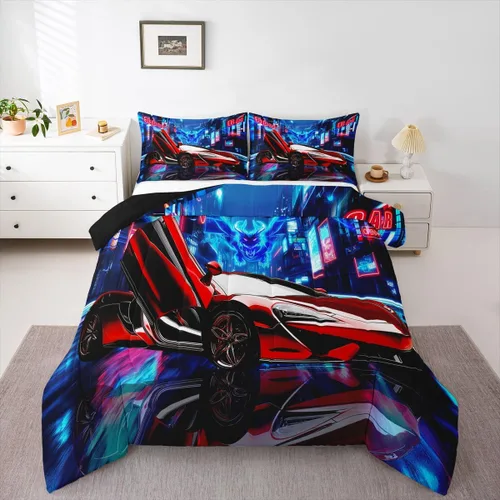 Vista 22 de Feelyou Juego de edredón azul de carreras para niños, juego de ropa de cama de coche deportivo para niños y niños, edredón deportivo geométrico a