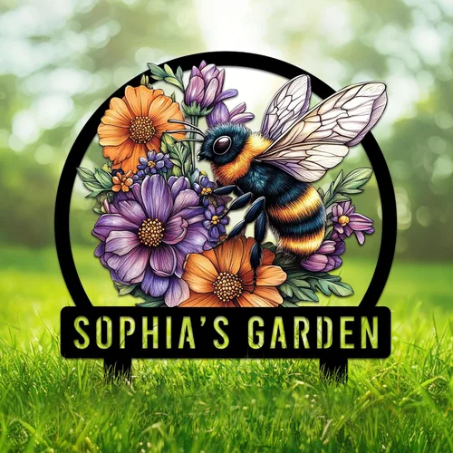 Vista 15 de Letrero de metal personalizado de abeja, cartel colgante de abeja de miel, porche de bienvenida al aire libre, valla de pared con nombre