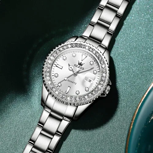 Vista 5 de OLEVS Reloj de pulsera de oro para mujer, con diamantes de lujo, de acero inoxidable, impermeable, luminoso, fecha