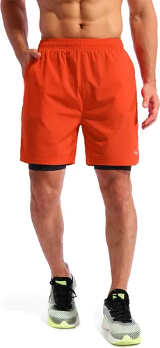 Vista 2 de Pudolla Mens 2 in 1 Running Shorts 7" Quick Dry Gym Athletic Workout Shorts for Men with Phone Pockets