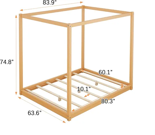 Vista 2 de Base de cama Queen con patas de toldo, plataforma de madera, soporte de listones de madera, no necesita somier Natural