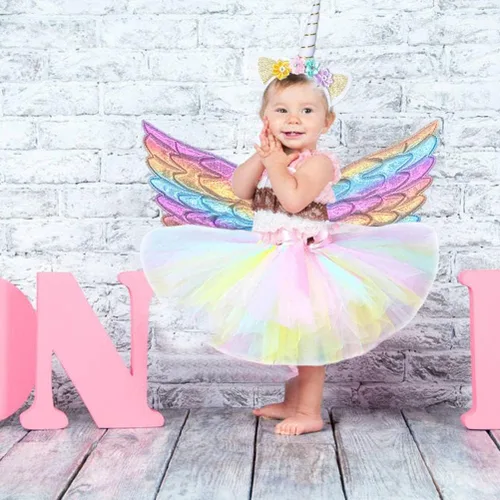 Vista 3 de Enfudid Disfraz de unicornio de princesa para niñas pequeñas, los disfraces de unicornio incluyen falda de malla, diadema de unicornio y ala de ángel