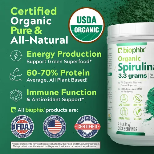 Vista 5 de biophix Polvo de espirulina orgánica, 2.2 libras 100% pura espirulina azul verde algas en polvo, vegano, sin OMG, no irradiado, certificado USDA