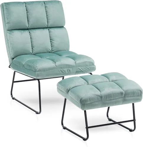 Vista 16 de MCombo Silla decorativa de terciopelo con otomana, acogedora silla de rincón de lectura para espacios pequeños, moderna silla sin brazos para Azul