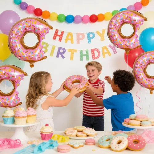 Vista 3 de 10 globos rosados de dona para cumpleaños con temática de donas, suministros de fiesta de boda