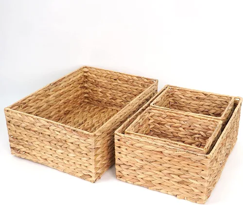 Vista 8 de Cestas de mimbre rectangulares para almacenamiento de jacinto de agua, juego de 4 cestas organizadoras de baño, dormitorio, cocina, despensa, cestas