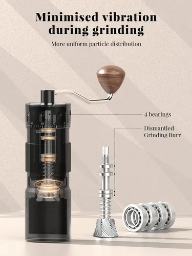 Vista 5 de Molinillo de café manual con ajuste externo de 16 μm, Molinillo de precisión para café expreso y vertido, Fresa cónica de acero inoxidable CNC
